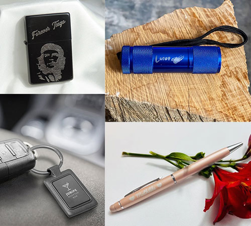 Idées de cadeaux original parmi les objets de la vie courante comme des porte-clés stylos briquets lampe de poche