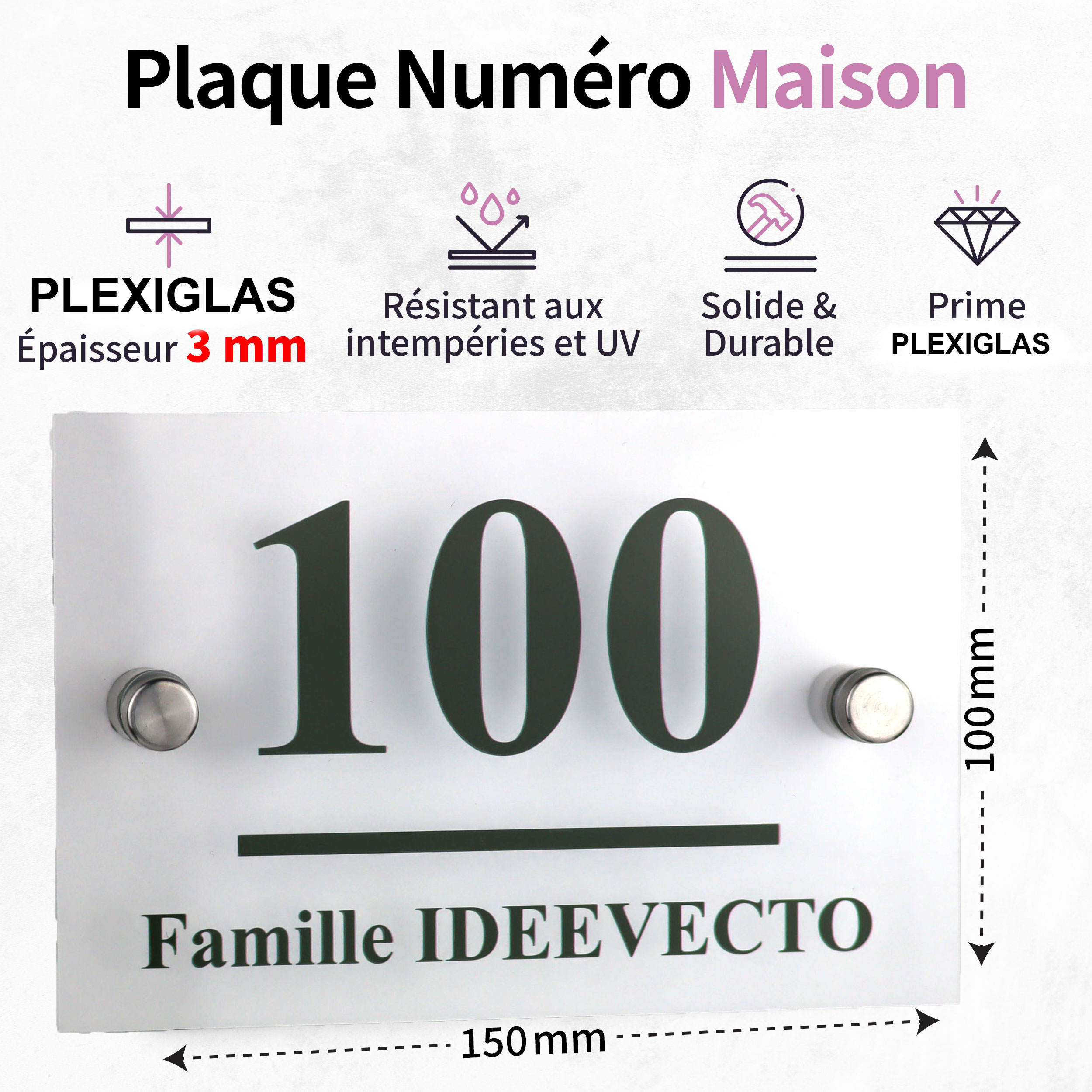Plaque Numéro Maison Avec Adresse Plexiglas - 3 dimensions disponibles